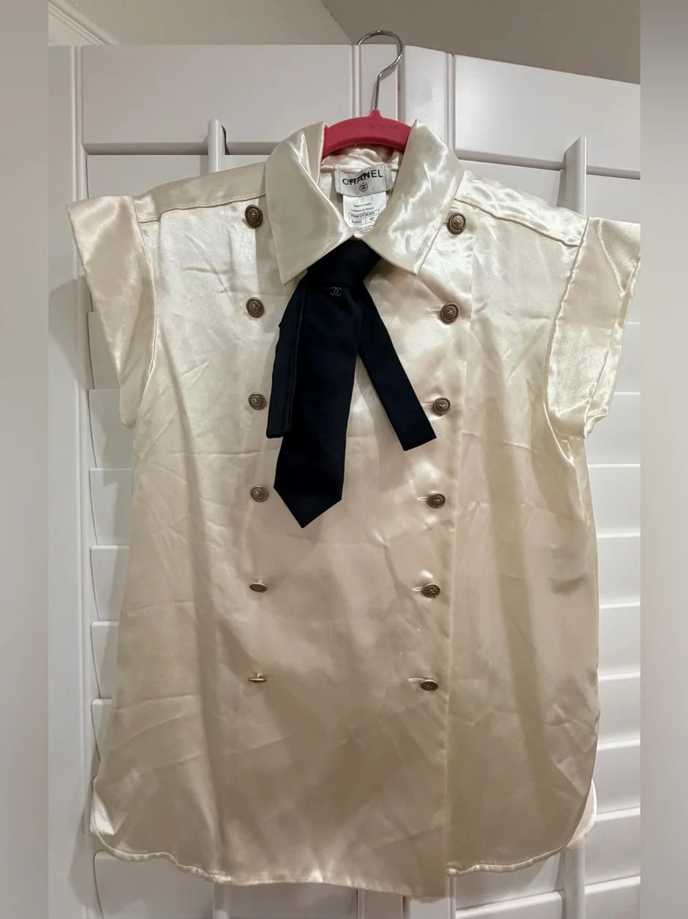 CHANEL Cream Satin with Black Bow Tie